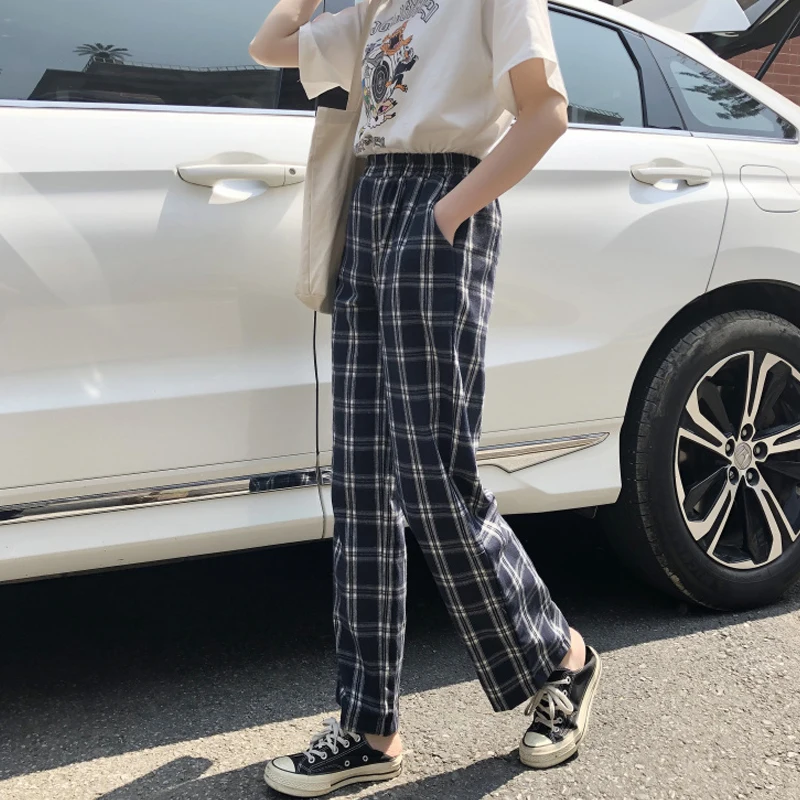 Neploe High Waist Hip Plaid Trouser Elastic Waist Loose Straight Pantalones Autumn Spring Streetwear Casual Pants New 48221