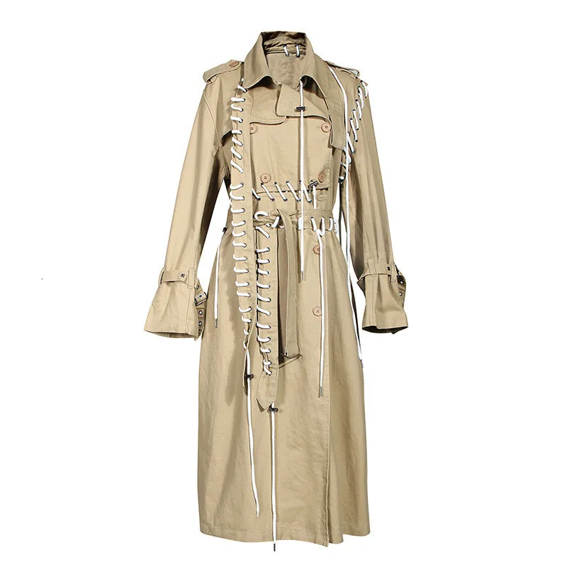 

Drawstring Trench Coats Womens Lapel Collar High Waist Lace Up Female Windbreaker Autumn Big Size Fashion New 2019