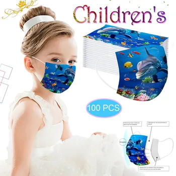 

100PCS New Disposable Mask Cute Children Dolphin Printing Pattern Mask Children In Stock Print Facemask Disposable Halloween