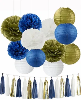 

2 Sets Tissue Pom Poms Paper Lanterns Navy Blue White Gold Tassel Garland Balloons for Birthday Wedding Baby Shower Party Decor