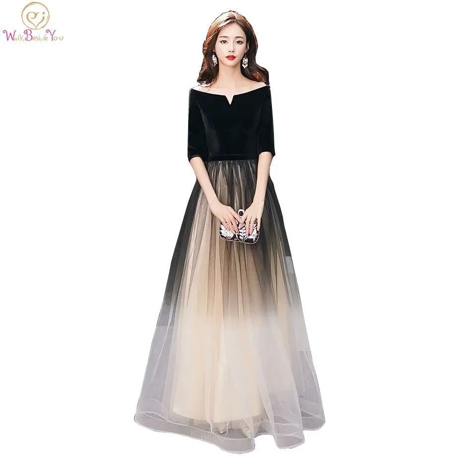 

Black Champagne Evening Dresses robe de soiree Long 2020 Half Sleeves Velour A Line Gradient Color Prom Gowns Party Wear Women