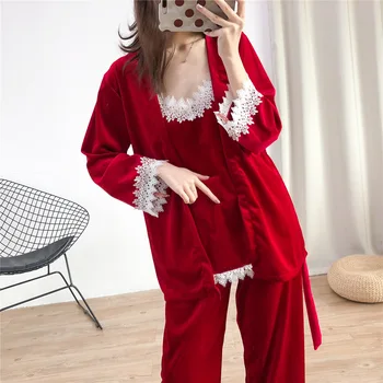 

3pcs Pajamas Set Girls Velour Autumn Winter Nightwear Velvet Intimate Lingerie Negligee Sleepwear Full Sleeve Home Clothing