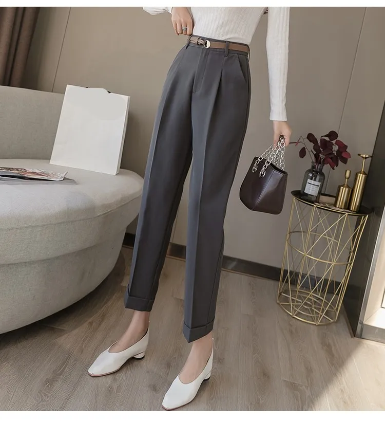 H60e0c289aba746b389918b1c3f5c3a5fj - Spring / Autumn Korean High Waist Pockets Ankle-Length Straight Pants with Belt