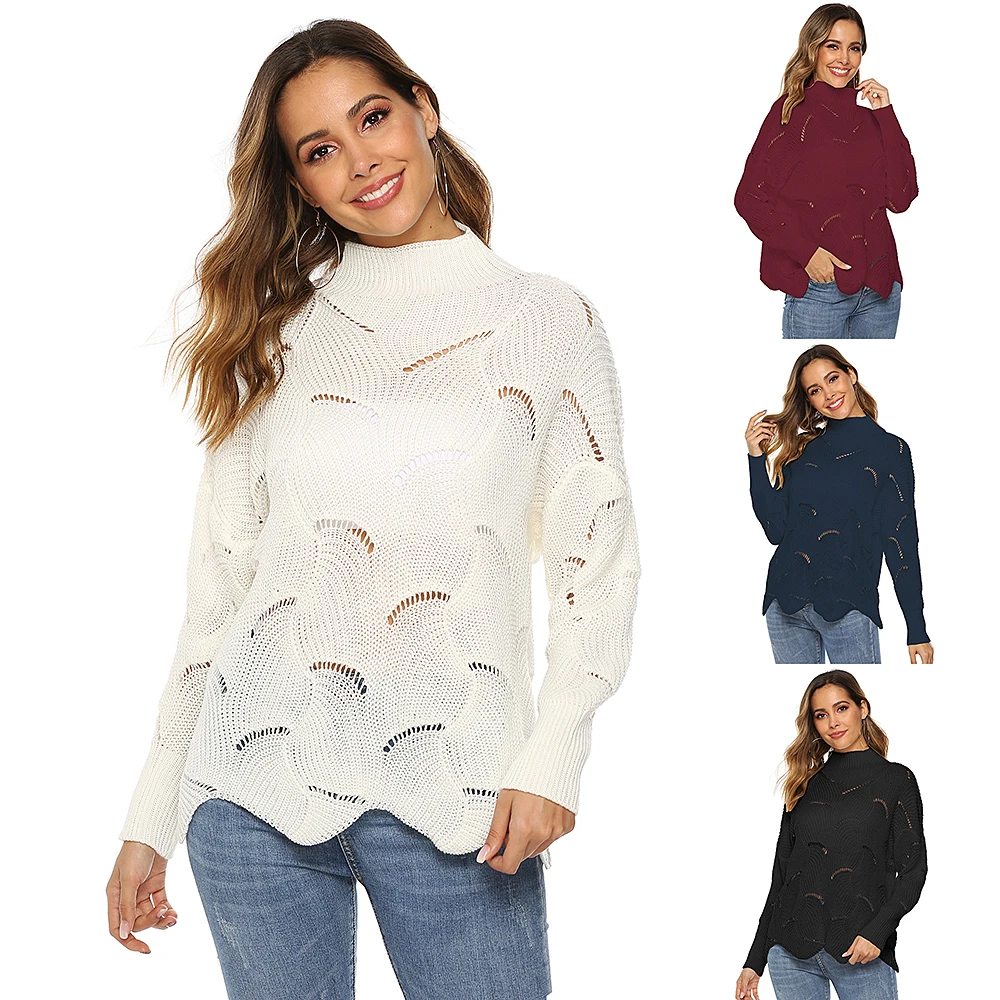 

2019 Woman High Collar Knit Sweater Autumn Winter Lace Hollow Simple Warm Solid Loose Knitted Pullover Casual Female Top