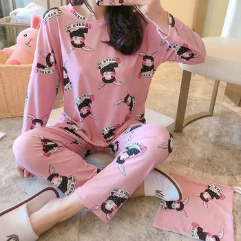 

Pajamas Three-piece Suit Loose Cartoon Bunny Print Long-sleeved Large Size Home Service O-neck T-shirt + Pants