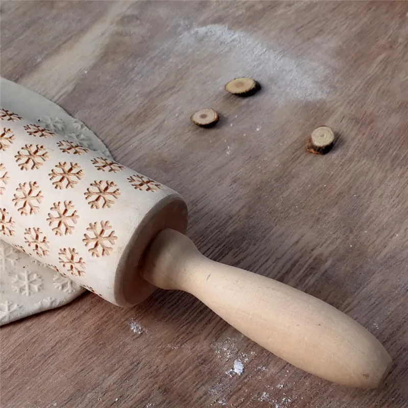 Biscuit Cake Rolling Pins Engraved Roller 35cm*4.3cm Christmas Embossing Wooden Xmas Tree Snowflake Cookies Baking