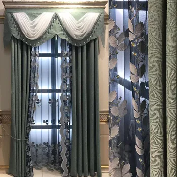 

European Blue Velvet Embroidery Curtains for Living Dining Room Bedroom.