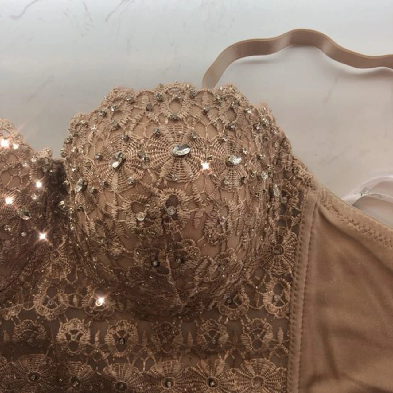 Nude Mesh Lace Bead Bustier Pearls Diamond Push