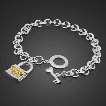

New Personality Gold Lock Bracelet Women Simple 100% 925 Sterling Silver Hand catenary Fashion Brand Jewelry Gift Wholesale