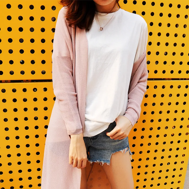 

2020 Spring And Summer New Style Thin Mid-length Imitation Linen Knitted Cardigan Solid Color Long Sleeve over-the-Knee Sun-resi