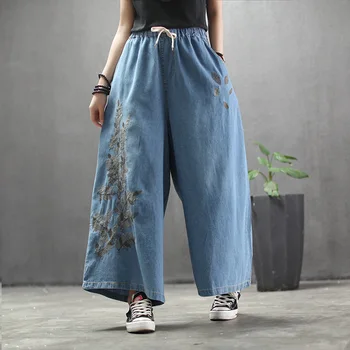 

Ethnic Retro Embroidery Wide Leg Pants Women Blue Jeans Elastic Waist Slouchy Oversized Denim Pants Femme Loose Street Trousers
