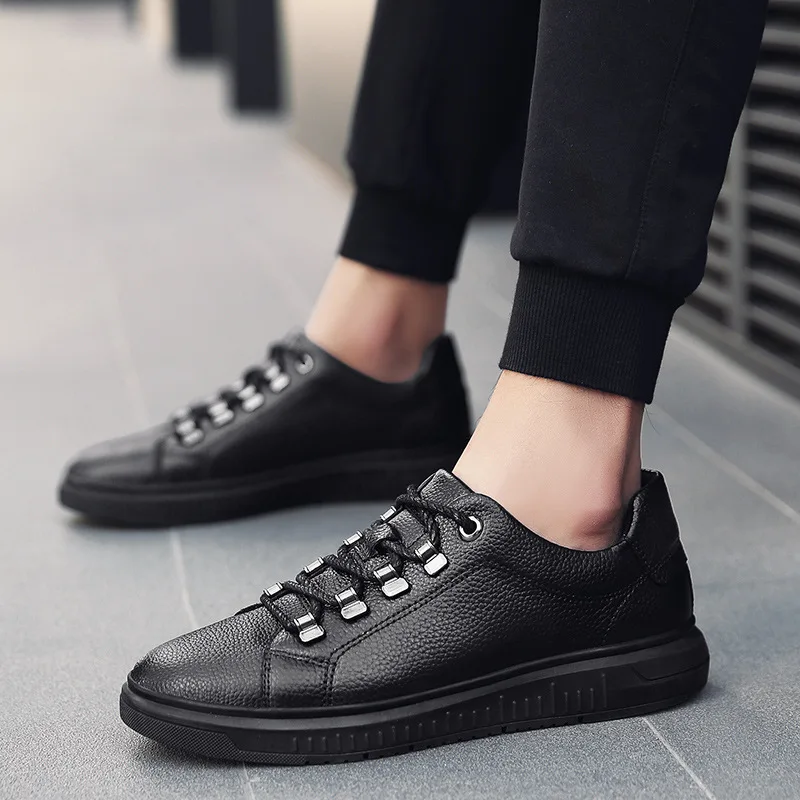 

2020 Spring New Style Men Sneakers Full-grain Leather Lace-up Fashion Casual Trendy Shoes Genuine Leather Korean-style Large Siz