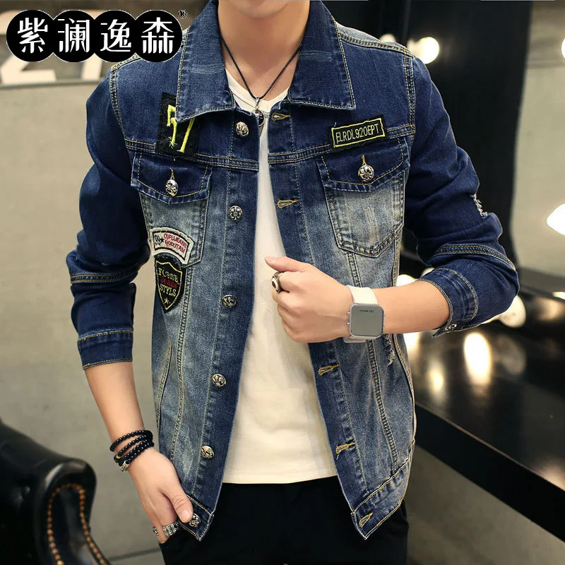 

2019 Autumn And Winter New Style Men Trend Cool Patch Students Jeans Coat Fashion Slim Fit Jacket