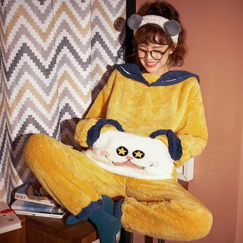 

Winter Long Sleeves Thick Flannel Warm Pajamas Pants Princess Sleepwear Set For Women Nightie Home Suit Clothes Plus Size 2020