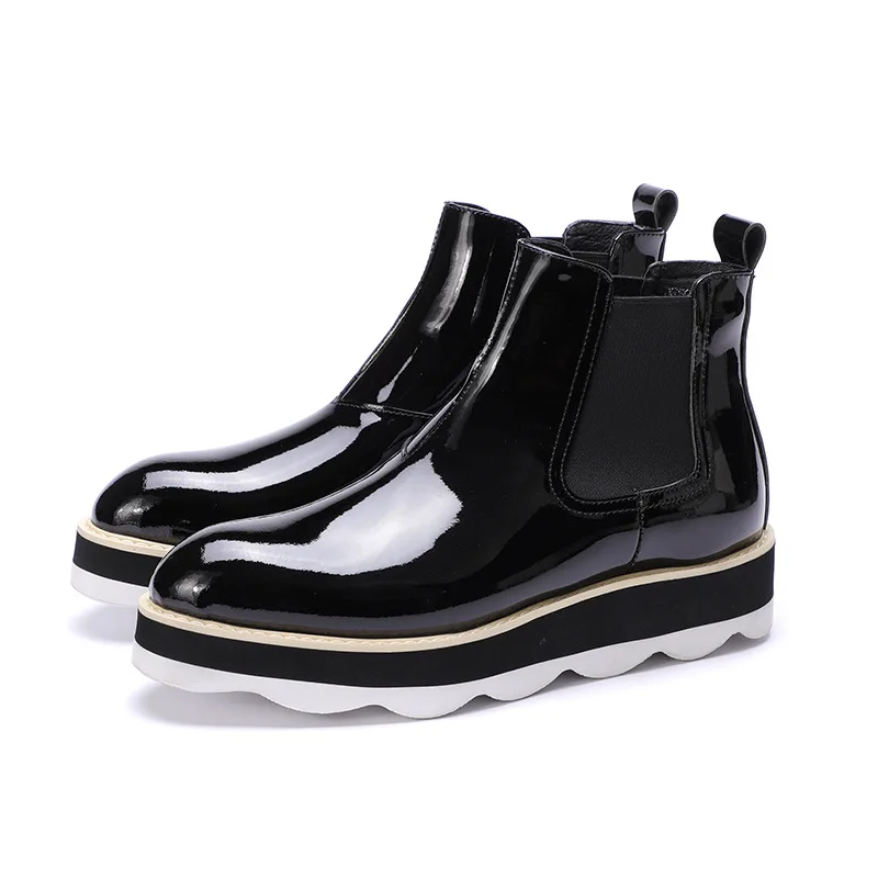 

Trend High-Top Shoes Zipper Thick Bottomed Patent Leather Men Shoes Botas Hombre Short Style Shoes Patent Cowhide Boots