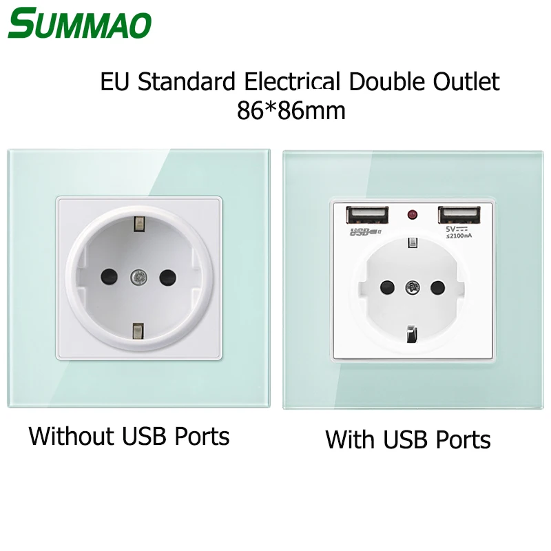 

EU Plug Power Outlet 16A 250V Wall Charger Adapter with Dual USB Port Glass-Panel Indicator German Socket Charging 86*86mm