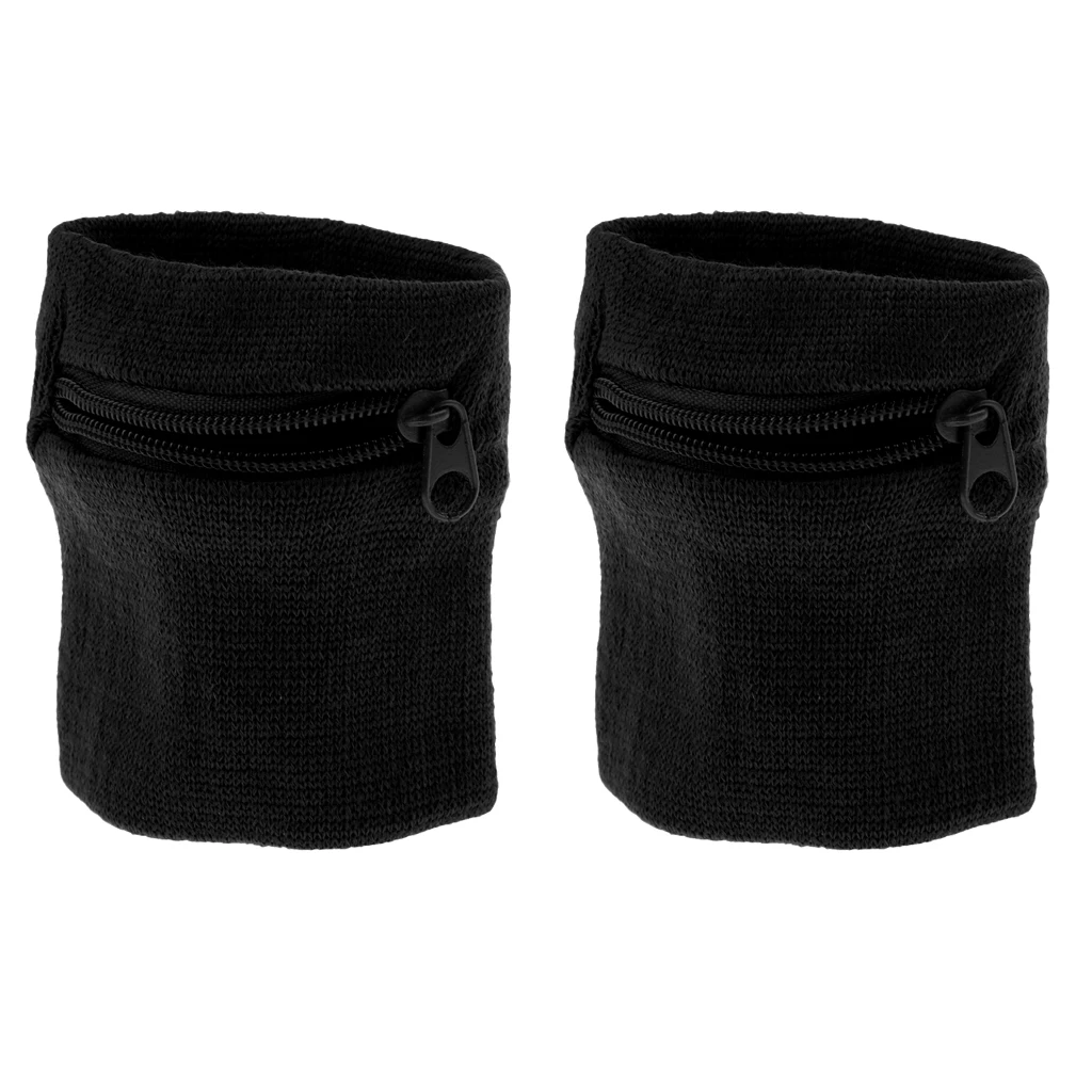 2Pcs Sports Cycling Running Sweat Bands Arm Wrist Wallet with Zipper Pocket - Black