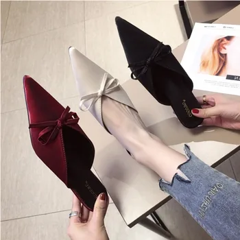 

2020 Summer Women Mules Shoes Luxury Slides Sexy Pointed Toe Kitten Heels Slippers Red Shallow Silk Woman Butterfly-knot Slipper