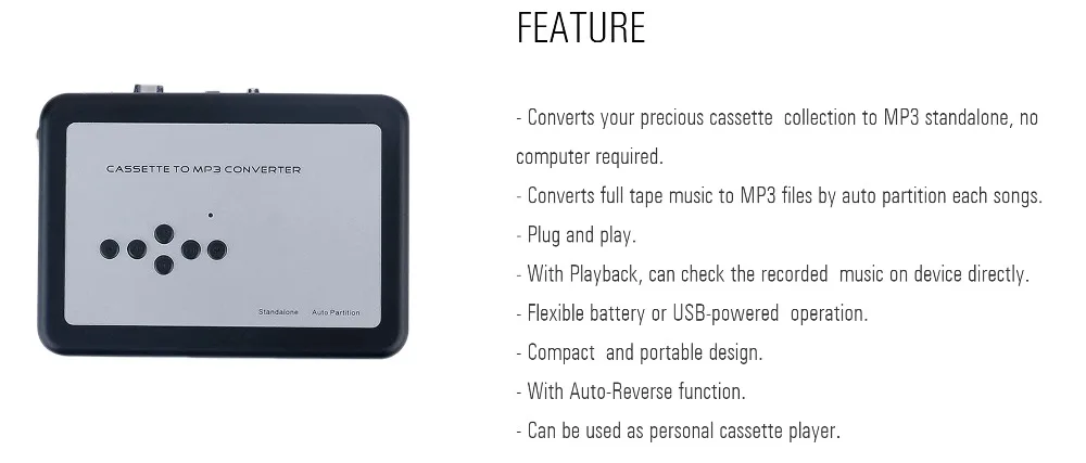 Detectorcatty EzCap230 Cassette Tape to MP3 Converter Conversion Player with Playback Stand Alone Plug and Play Small Size Portable