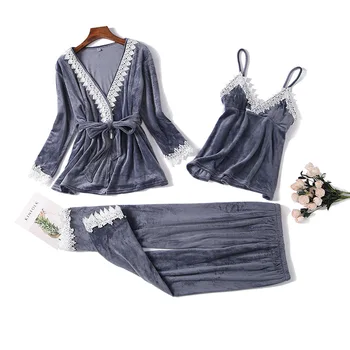 

V-neck Women Sleepwear Sexy Strap Top&Pants Lounge 3PCS Pajamas Suit Robe Gown Casual Pijamas Nightwear With Lace&Belt Home Wear