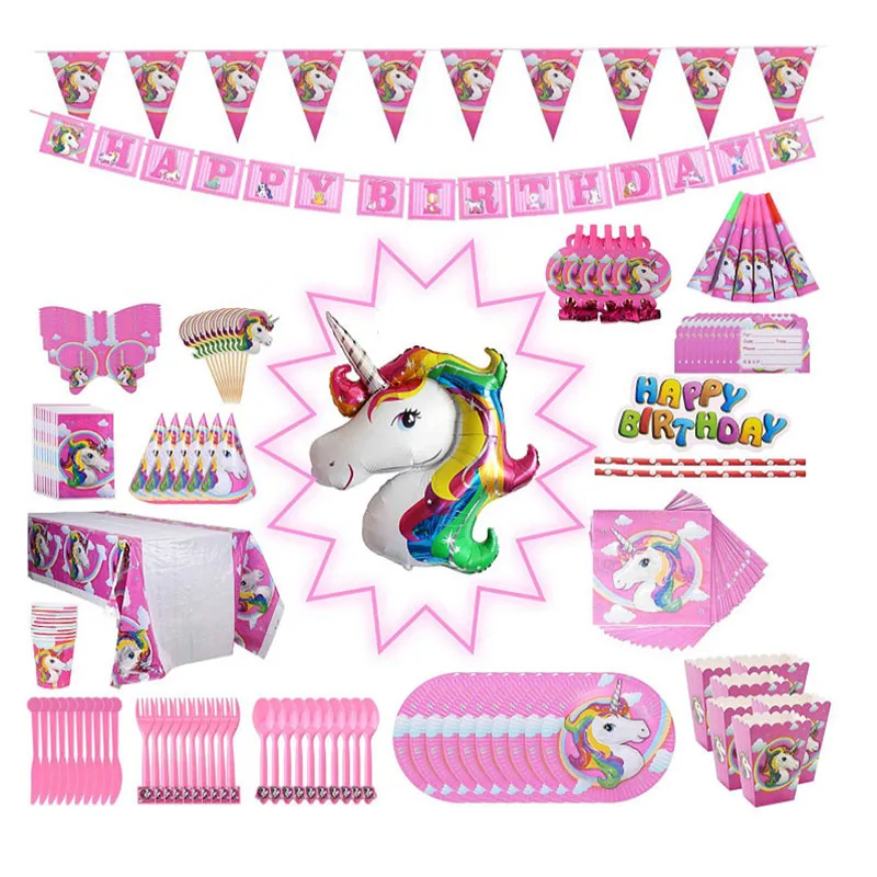 

Unicorn Party Supplies Pink Unicorn Banner Plates Balloons Napkin Cupcake Topper Baby Shower Birthday Party Decorations Kids