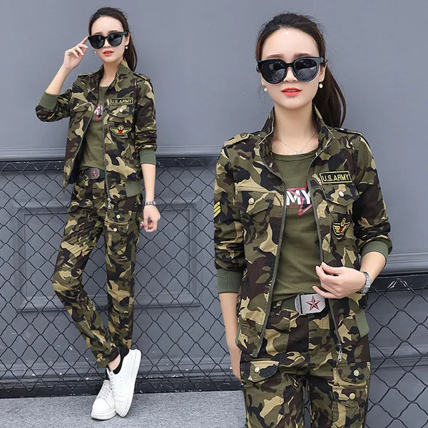 Women Camo 2pcs Set Камуфляжный спортивный костюм, женская одежда, комплект из трех предметов, Vetement Femme, камуфляжная куртка+ футболка+ штаны, комплект, уличная одежда для женщин - Цвет: Women Camo 2pcs Set