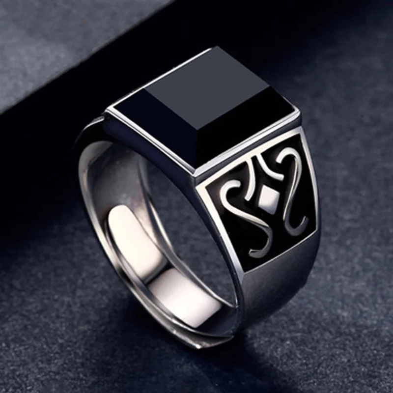 2024 Trendy Men Ring Jewelry Adjustable Finger Accessorie Male Silver 925 Ring Fashion Flower Rectangle Crystal Bijou - 2