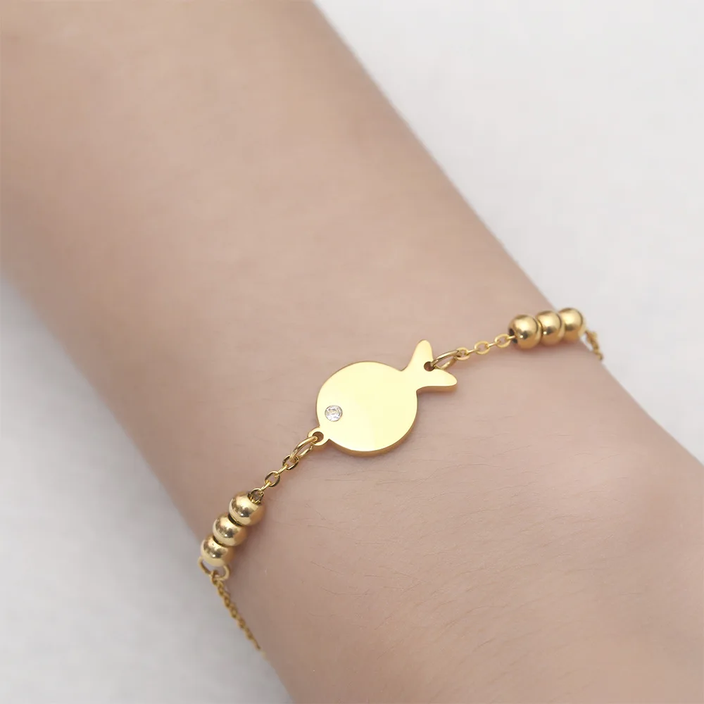 

Charm Bracelet Bangle Woman Accessories Stainless Steel Jewelry Female Glossy Bead Chain Link Adjustable Kissing Fish Bracelet