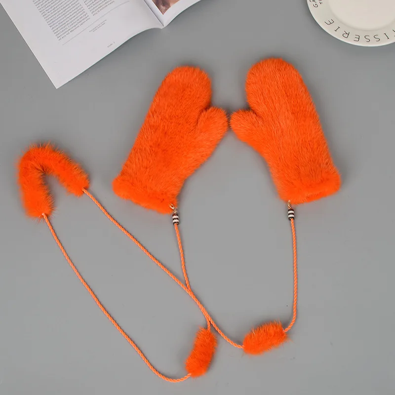 Mink Fur Orange Gloves Women Winter New Korean Version Of The Warm Cute Female Suede Weaving Fingers Fur Gloves