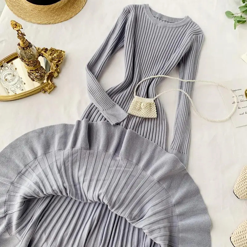 ALPHALMODA ТРАПЕЦИЕВИДНОЕ трикотажное платье с длинными рукавами облегающее расклешенное женское изящное осенне-зимнее платье-свитер