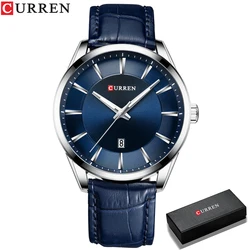 CURREN Luxury Men's Leather Strap Quartz Watch - Elegant Business Wristwatch (45mm) (Blue watch box)