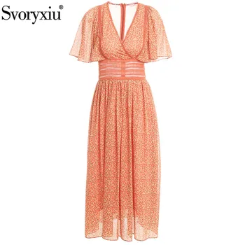 

Svoryxiu Sexy Deep V-Neck Summer Holiday Bohemian Long Dress Women's Flower Print Hollow Out Embroidery Runway Dresses