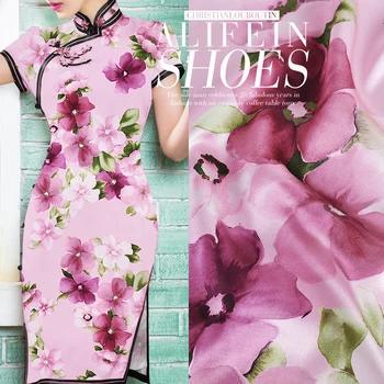 

2 Meter Natural Silk Dress Fabric Stretch Satin Soft Pink Flowers