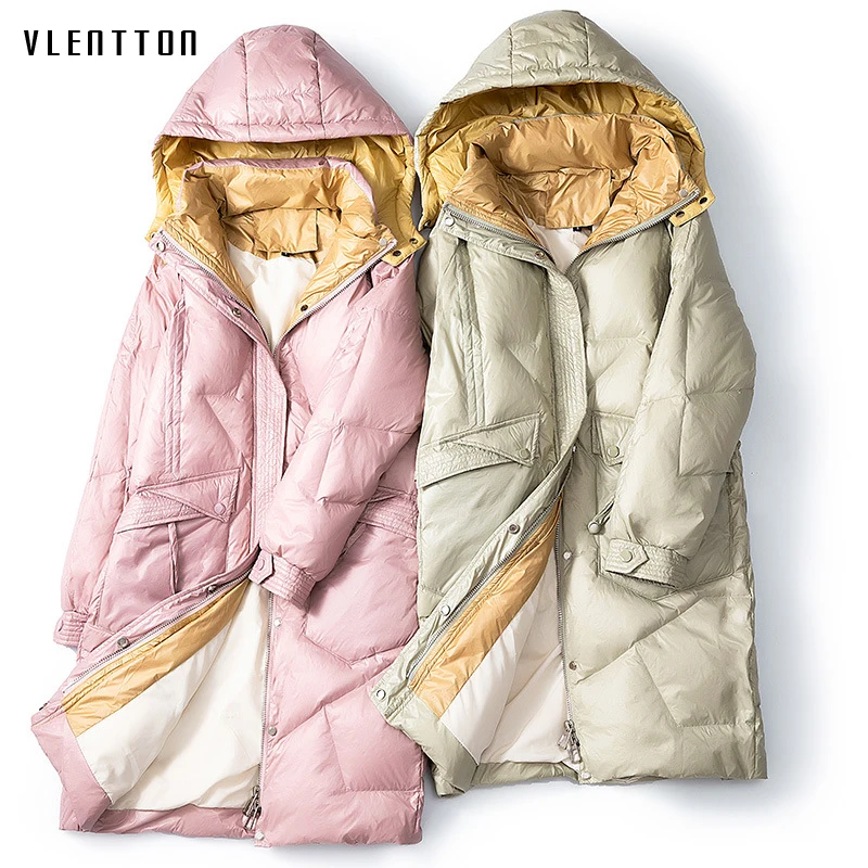 

2019 Winter Warm 90% White Duck Down Jacket Women's Korean Contrast Color Casual Loose Long Coat Female Hooded Parkas Outwear