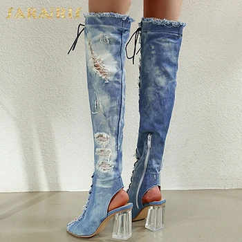 

Sarairis 2020 New Design Denim Peep Toe Summer Shoes Woman Boots Female Square High Heels Over The Knee Boots Women Shoes