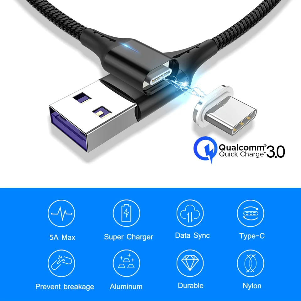 Магнитный кабель Venroii USB Type C для быстрой зарядки шнур Huawei P30 P20 Pro 5A SuperCharge Quick Charge 3 0