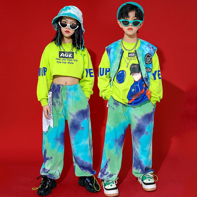 

Street Dance Hip Hop Clothes For Kids Blue Tie Dyed Vest Pants Girls Ballroom Dance Costume Boys Jazz Concert Show Outfit BL7688