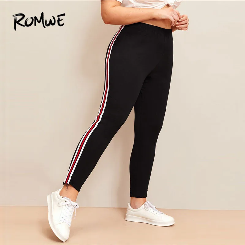 Romwe Sporty Plus Size Contrast Taped Side Leggings Women Gym Running Tights Black Pants Ladies Fitness Yoga Leggins