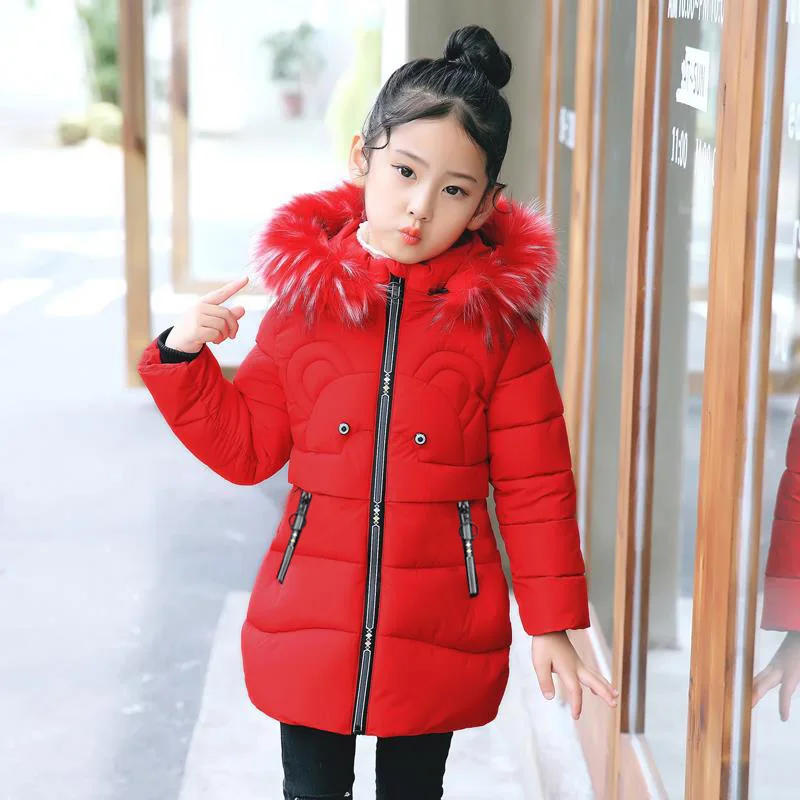 Пуховики для девочек; теплая верхняя одежда для малышей; плотные пальто; Детские Зимние куртки; детская зимняя верхняя одежда с милым рисунком и вышивкой - Цвет: bear red