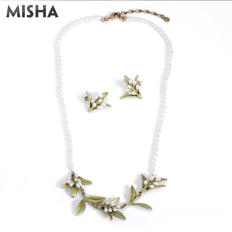 MISHA Модные Ювелирные наборы для женщин ручной работы натуральный жемчуг цветочный дизайн шикарные серьги и ожерелье для дам подарки 02484 MISHA Модные Ювелирные наборы для женщин ручной работы натуральный жемчуг цветочный дизайн шикарные серьги и ожерелье для дам подарки 02484