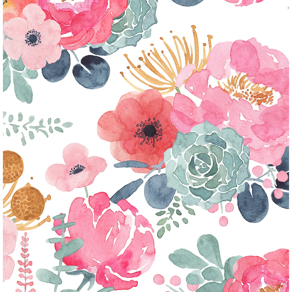 Flower Wallpaper Peeled And Pasted White/pink/green/navy Blue Vinyl
