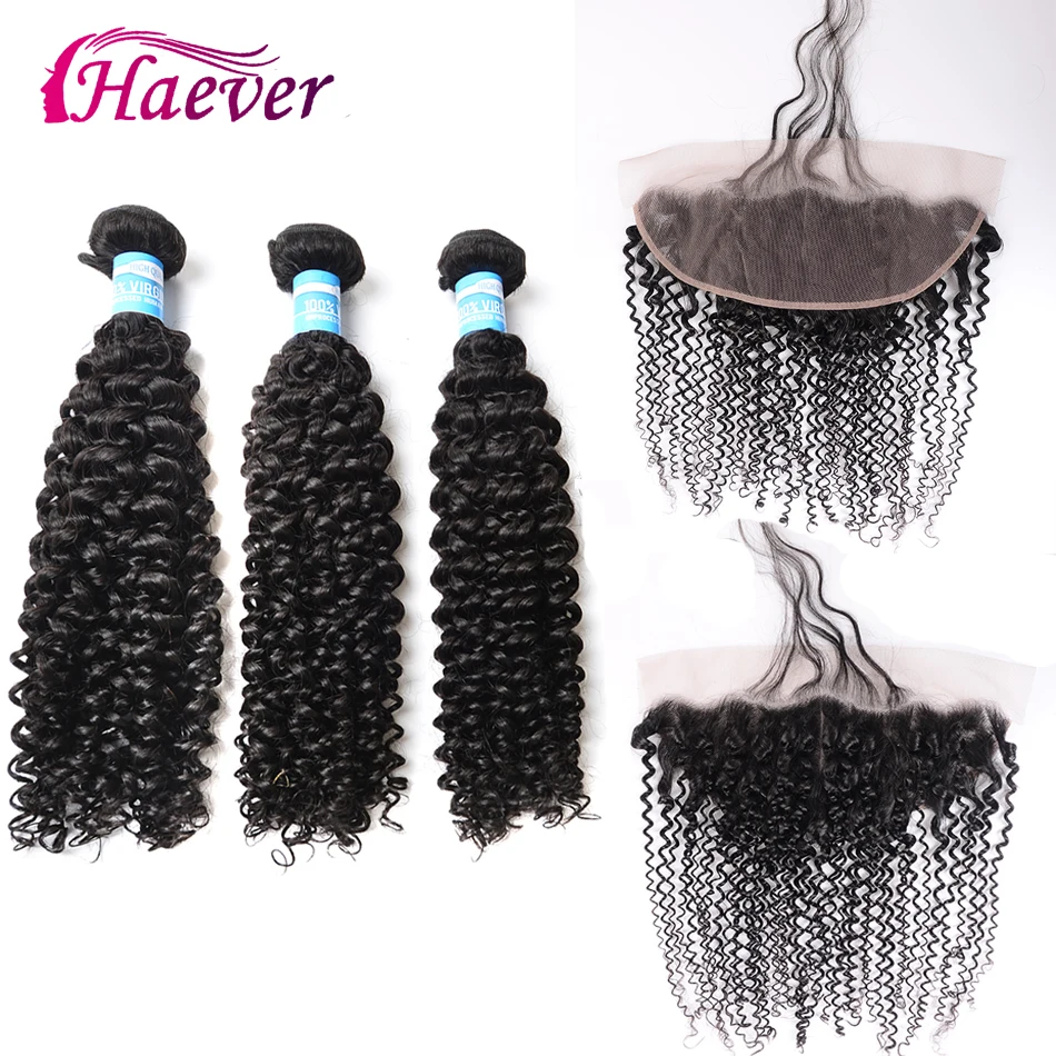 

Haever 100% Human Hair Natural Kinky Curly Brazilian 3 Bundles with Closure Middle/Three/Free 13X4 with Baby Hair Non-remy