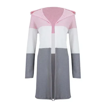 

Outwear Women Cardigan Colorblock Open Front Slim Fit Ladies Daily Casual Tops Hooded Long Sleeve Knitted Autumn Patchwork