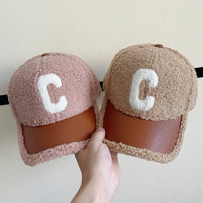 custom ball caps Unisex Winter Hat Letter C Embroidery Lamb Wool Baseball Cap Fashion Female Outdoor Leisure Warm Windproof Cap For Women Men ladies baseball cap