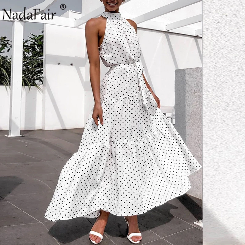 

Nadafair Polka Dot Boho Dress Summer Beach Women Long A-Line Tunic Sexy Off Shoulder Elegant Sash Print Woman Maxi Dress Vestido