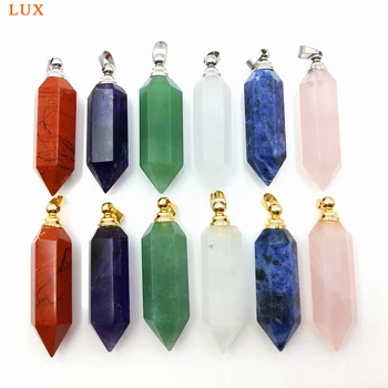 

Natural gems stone Essential Oil Perfume bottle pointed quartz hexagon prism gold silver plated Crystal Perfume Pendant Necklace