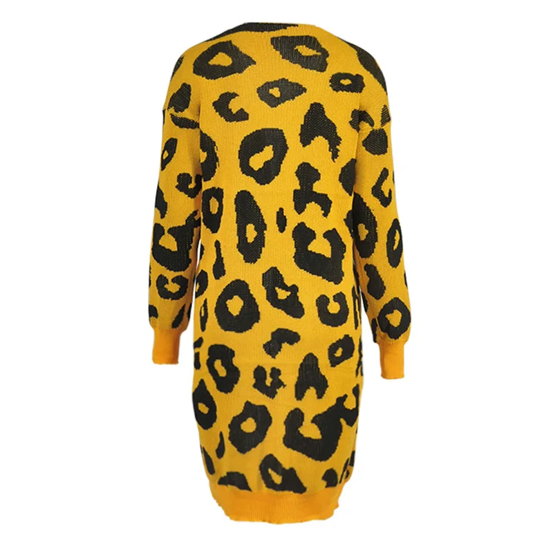 Women Long Knitted Sweater Leopard Print Long Sleeve Pocket Knitwear Outerwear Female Autumn Jumpers Tunics Long Cardigan