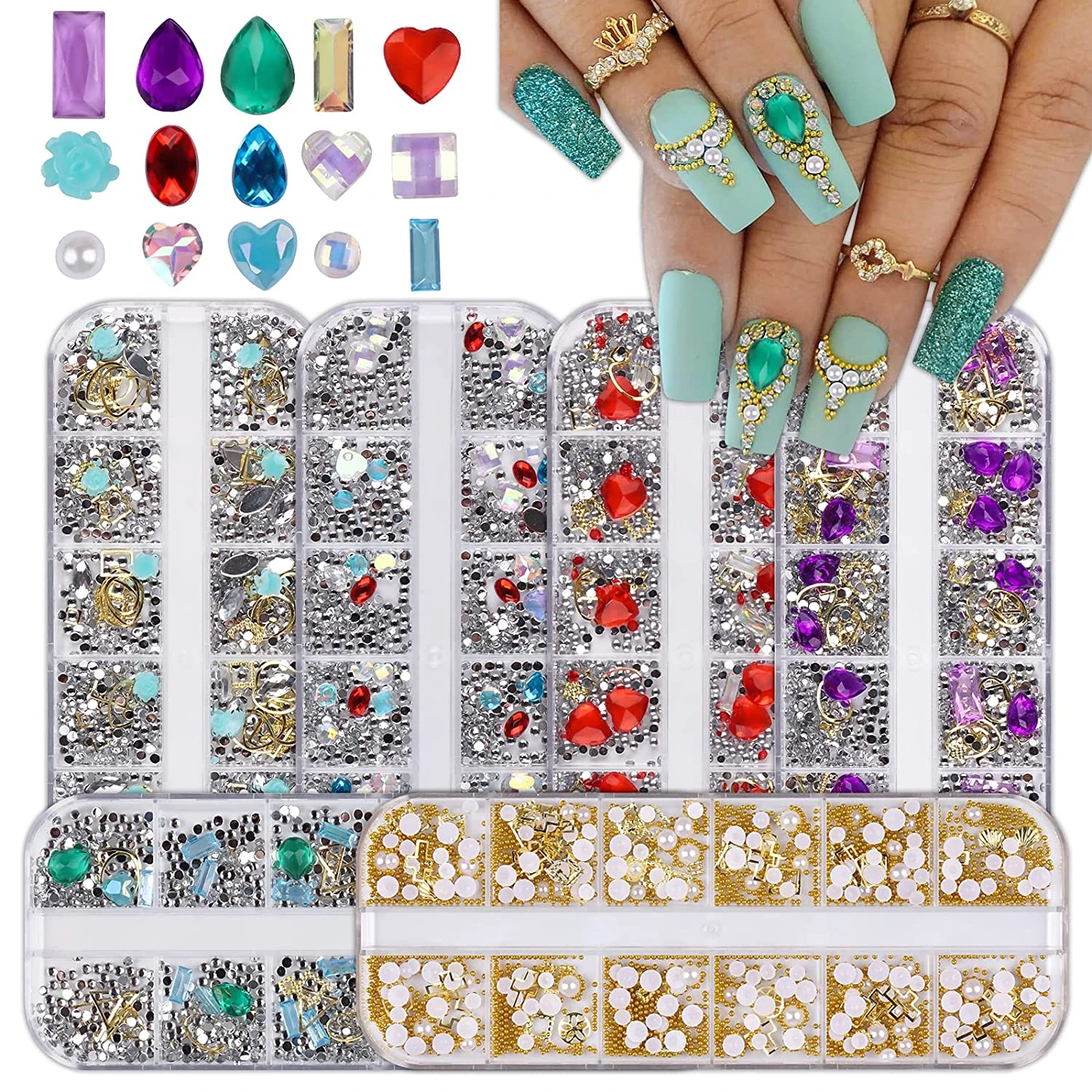 1Box 3D Mix-shape Nail Rhinestones Diamond Nail pearl Crystal Bead Big Gem  Nail Jewels Studs Metal Rivet for Nail Art Decoration