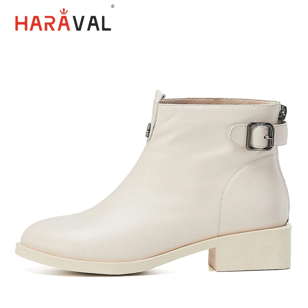 

HARAVAL Fashion Luxury Genuine Leather Martin Boots Woman Winter Round Toe Square Heels Shoes Basic Soft Solid Buckle Boots B232