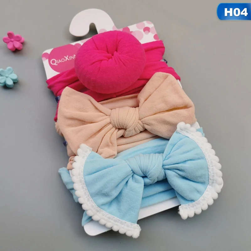 Новинка года, комплект из 3 предметов, однотонная нейлоновая повязка на голову, повязка на голову с бантом для милых, Детские волосы для девочек, повязка на голову для девочек, детская мягкая хлопковая повязка на голову